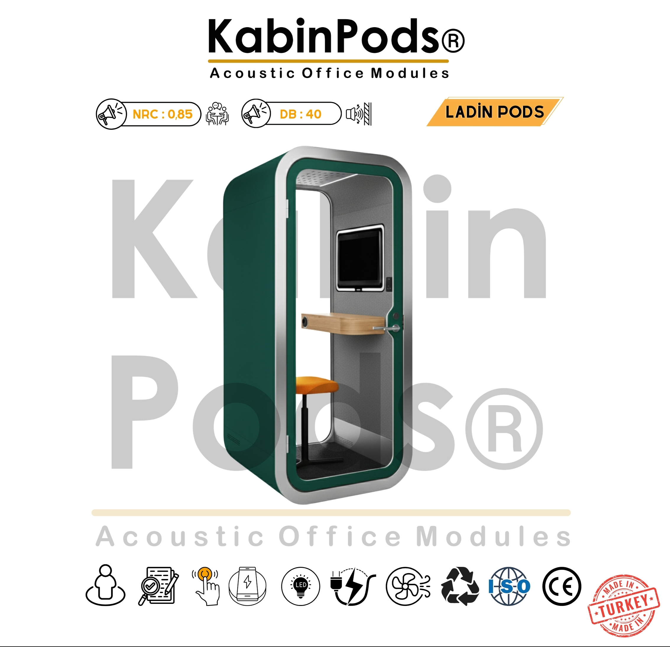KabinPods telefon görüşme kabini iklimlendirme ve iç ortam görseli